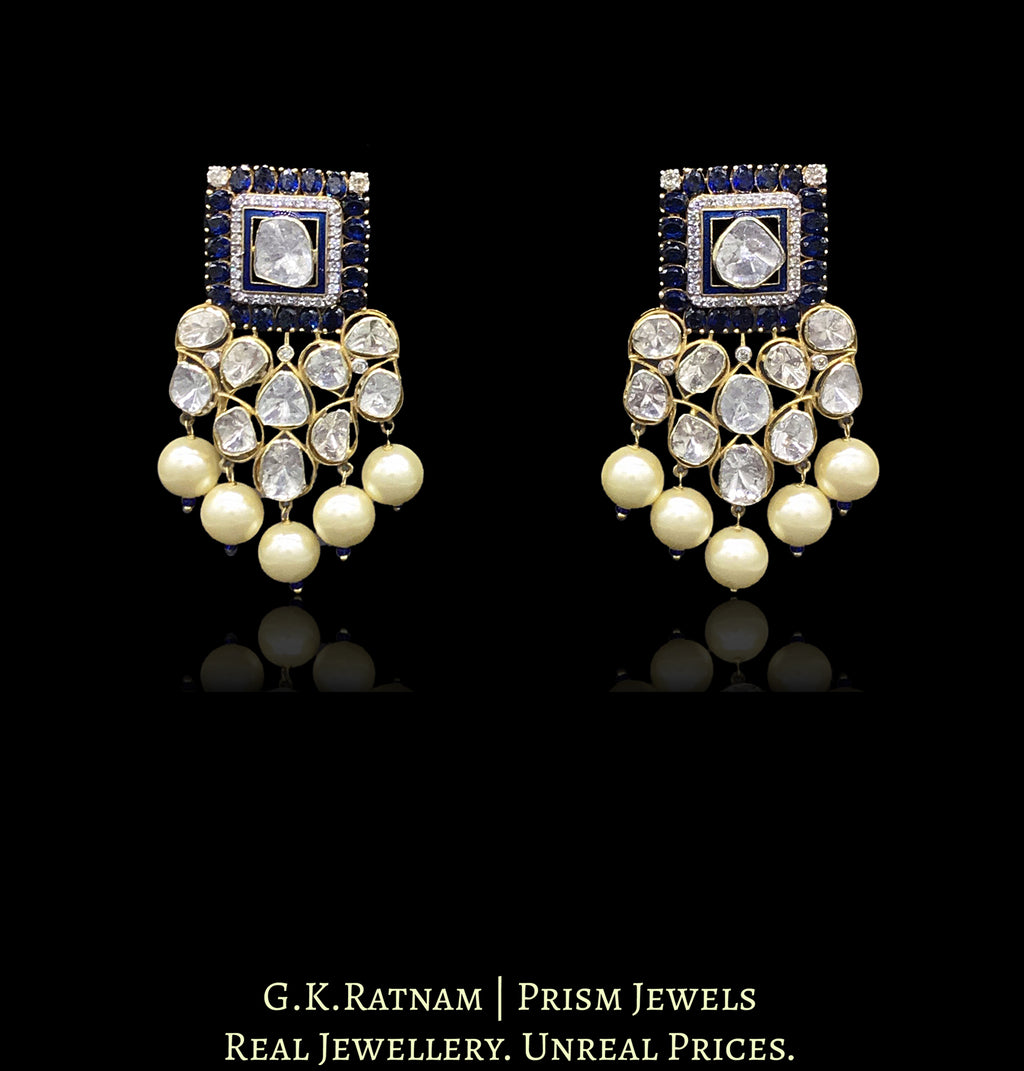 14k Gold and Diamond Polki Designer Open Setting Karanphool Earring Pair with Blue-Sapphires