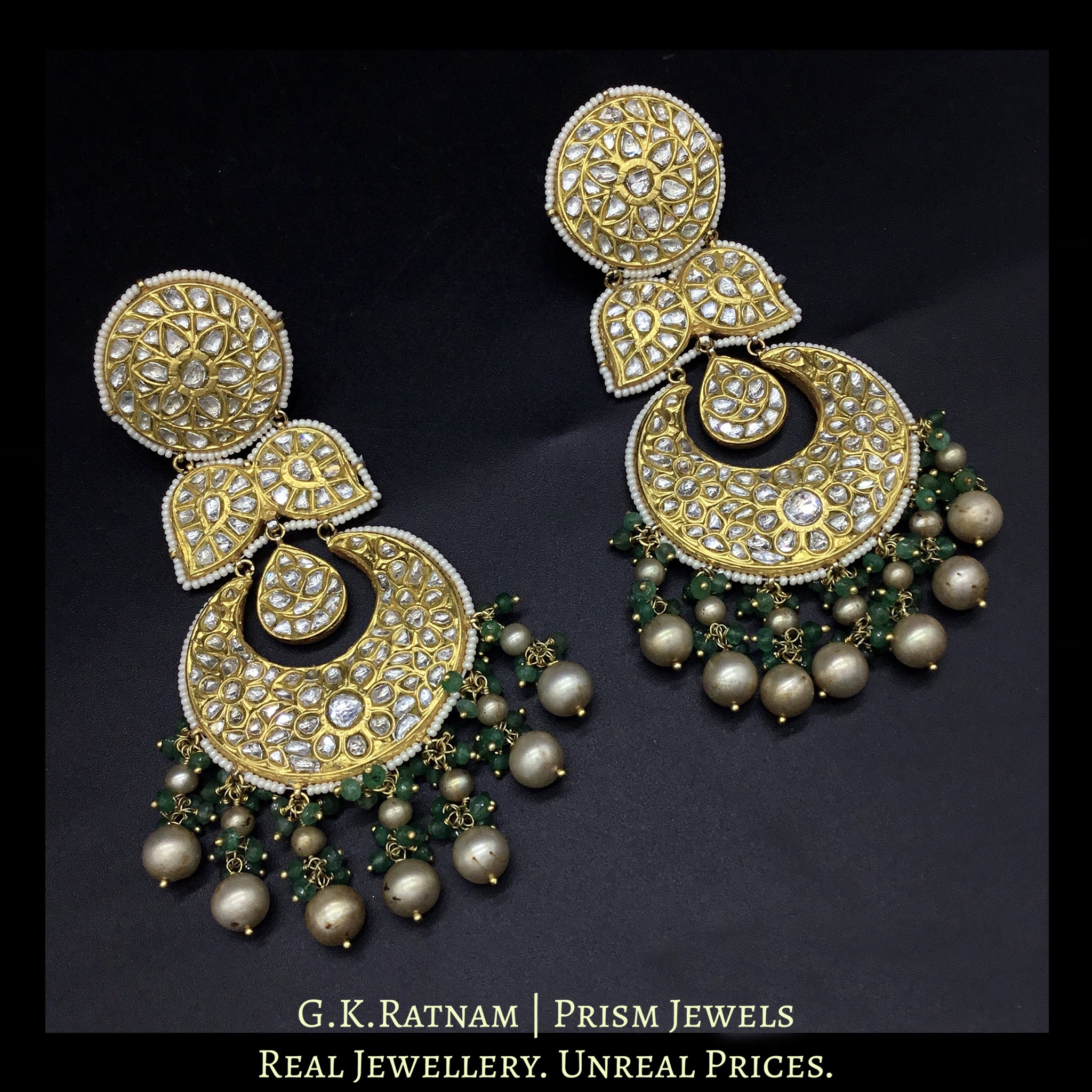 23k Gold and Diamond Polki Chand Bali Earring Pair with Antiqued freshwater pearls and emerald-grade beryls