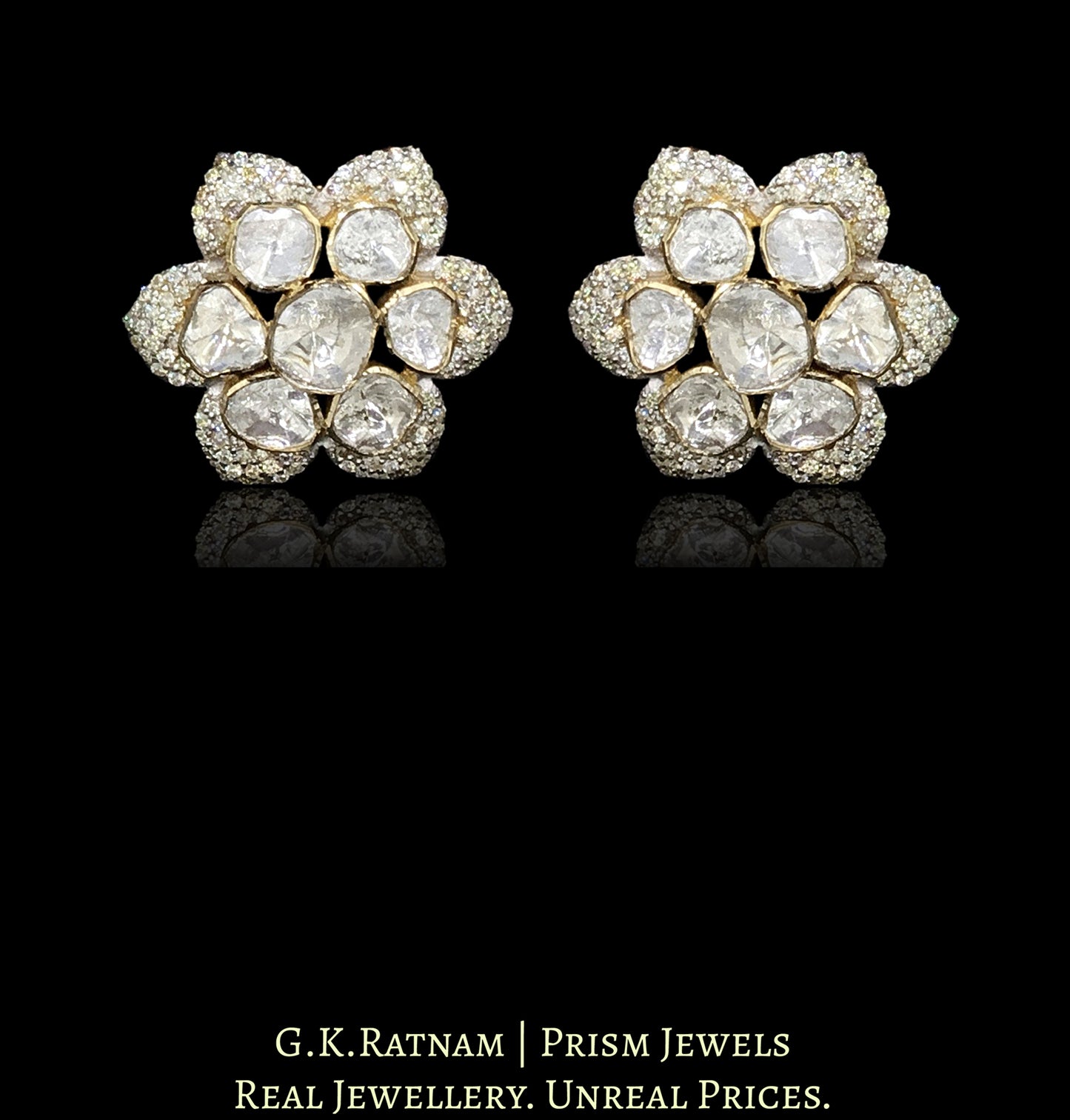14k Gold and Diamond Polki Star-shaped Open Setting Karanphool Earring Pair
