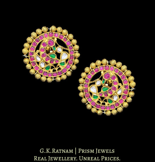18k Gold and Diamond Polki Karanphool Earring Pair with Rubies, Emeralds and a rim of gold beads