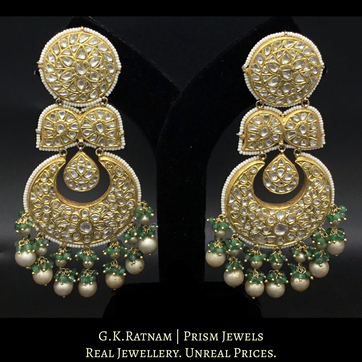 23k Gold and Diamond Polki Chand Bali Earring Pair with Antiqued freshwater pearls and emerald-grade beryls