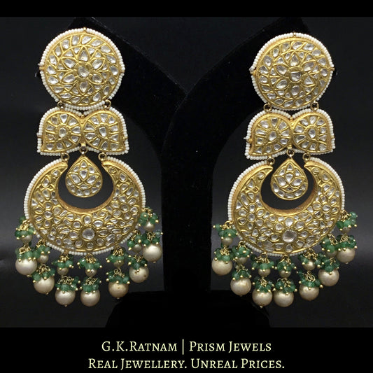 23k Gold and Diamond Polki Chand Bali Earring Pair with Antiqued freshwater pearls and emerald-grade beryls