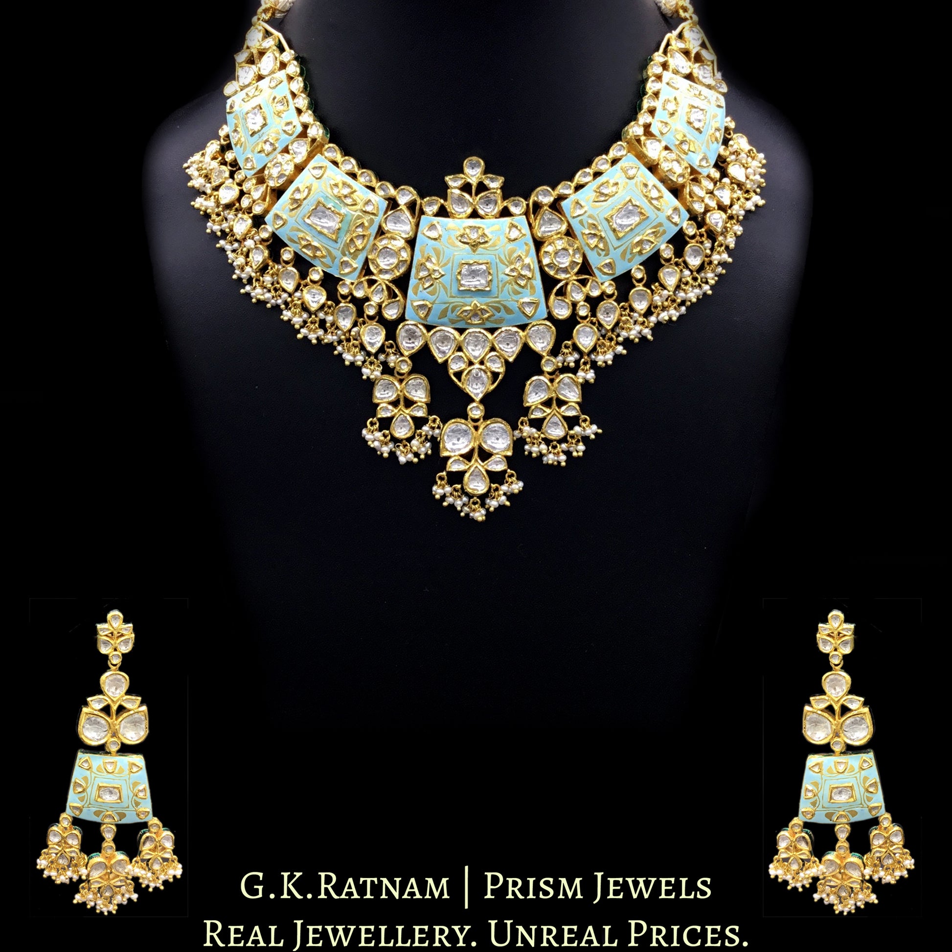 18k Gold and Diamond Polki Necklace Set with soothing turquoise blue enamelling - G. K. Ratnam