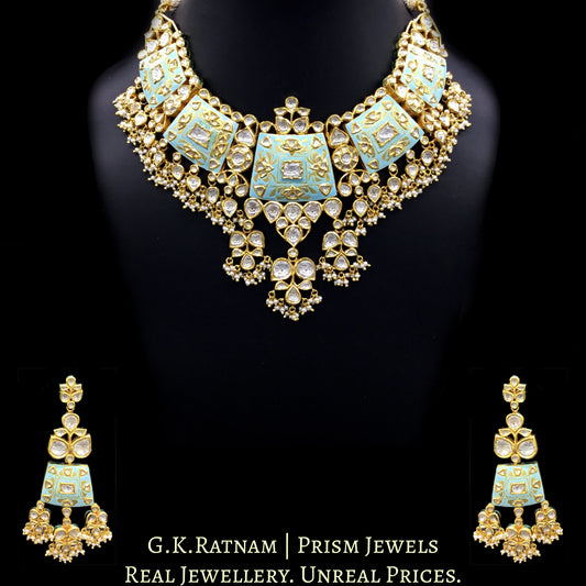 18k Gold and Diamond Polki Necklace Set with soothing turquoise blue enamelling - G. K. Ratnam