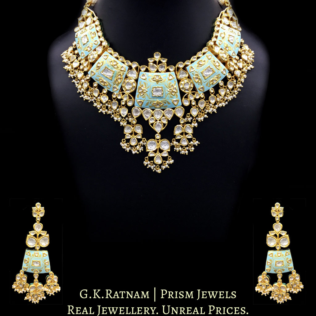 18k Gold and Diamond Polki Necklace Set with soothing turquoise blue enamelling - G. K. Ratnam