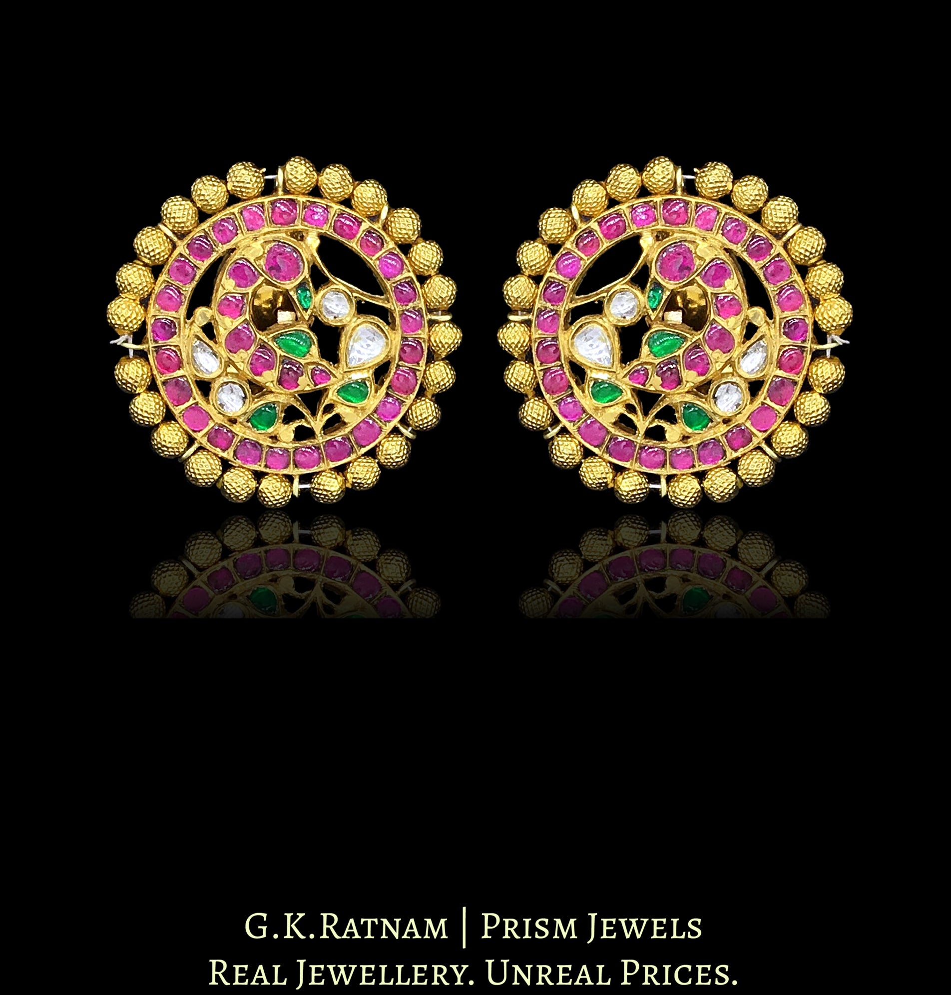 18k Gold and Diamond Polki Karanphool Earring Pair with Rubies, Emeralds and a rim of gold beads