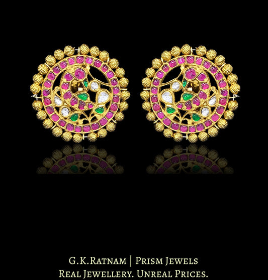 18k Gold and Diamond Polki Karanphool Earring Pair with Rubies, Emeralds and a rim of gold beads