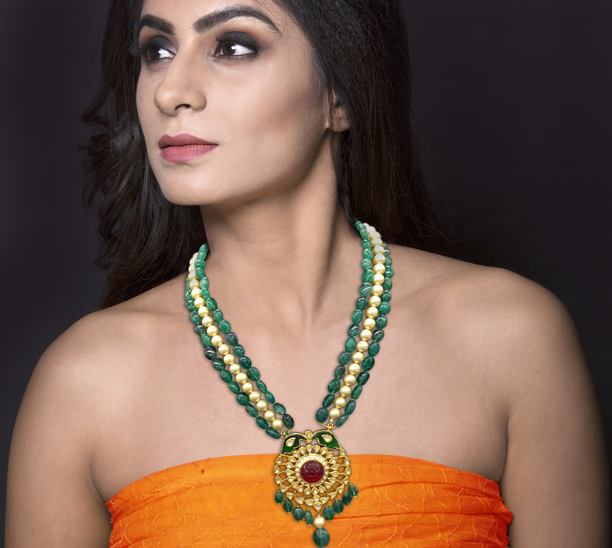 Traditional Gold and Diamond Polki carved-red-center Pendant Set with emerald-grade beryls and pearls - G. K. Ratnam