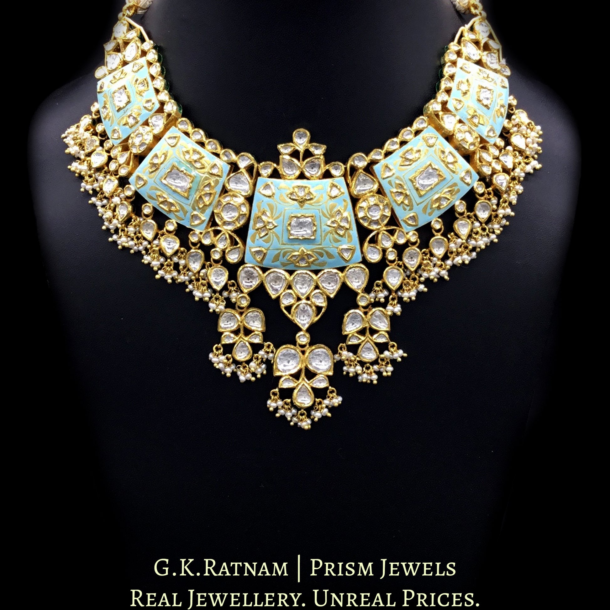 18k Gold and Diamond Polki Necklace Set with soothing turquoise blue enamelling - G. K. Ratnam