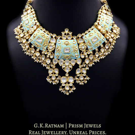 18k Gold and Diamond Polki Necklace Set with soothing turquoise blue enamelling - G. K. Ratnam