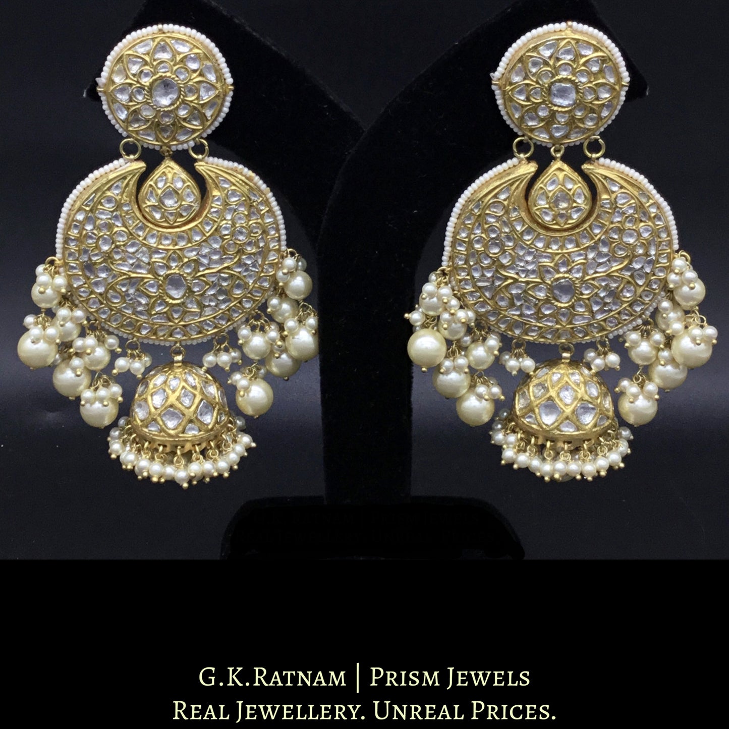 23k Gold and Diamond Polki Chand Bali Earring Pair with Jhumkas / Jhumkis - G. K. Ratnam