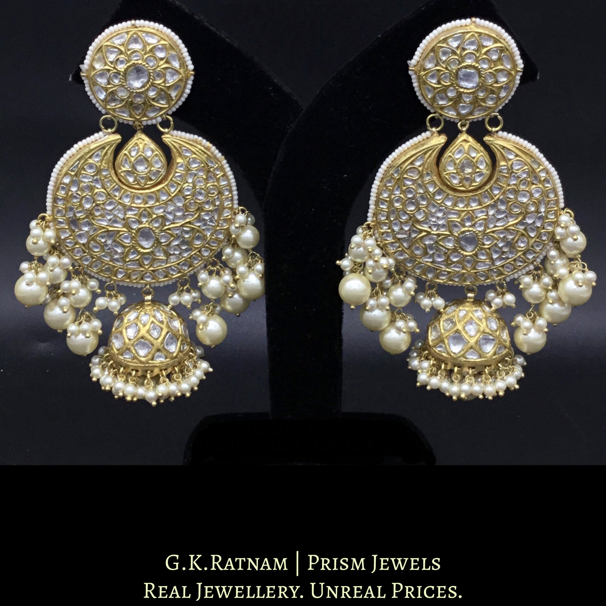 23k Gold and Diamond Polki Chand Bali Earring Pair with Jhumkas / Jhumkis - G. K. Ratnam