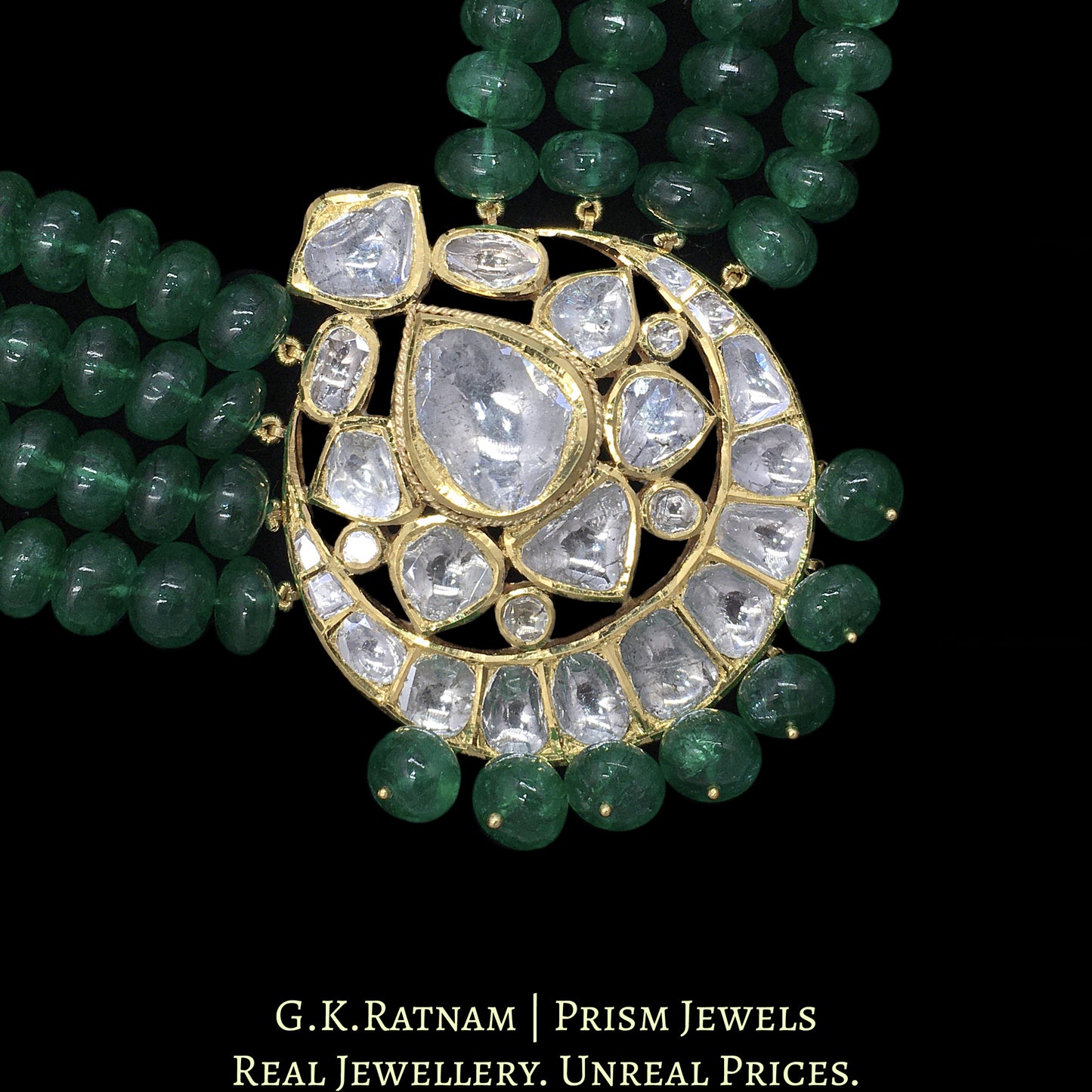 18k Gold and Diamond Polki Vintage Pendant with emerald-grade Beryls - G. K. Ratnam