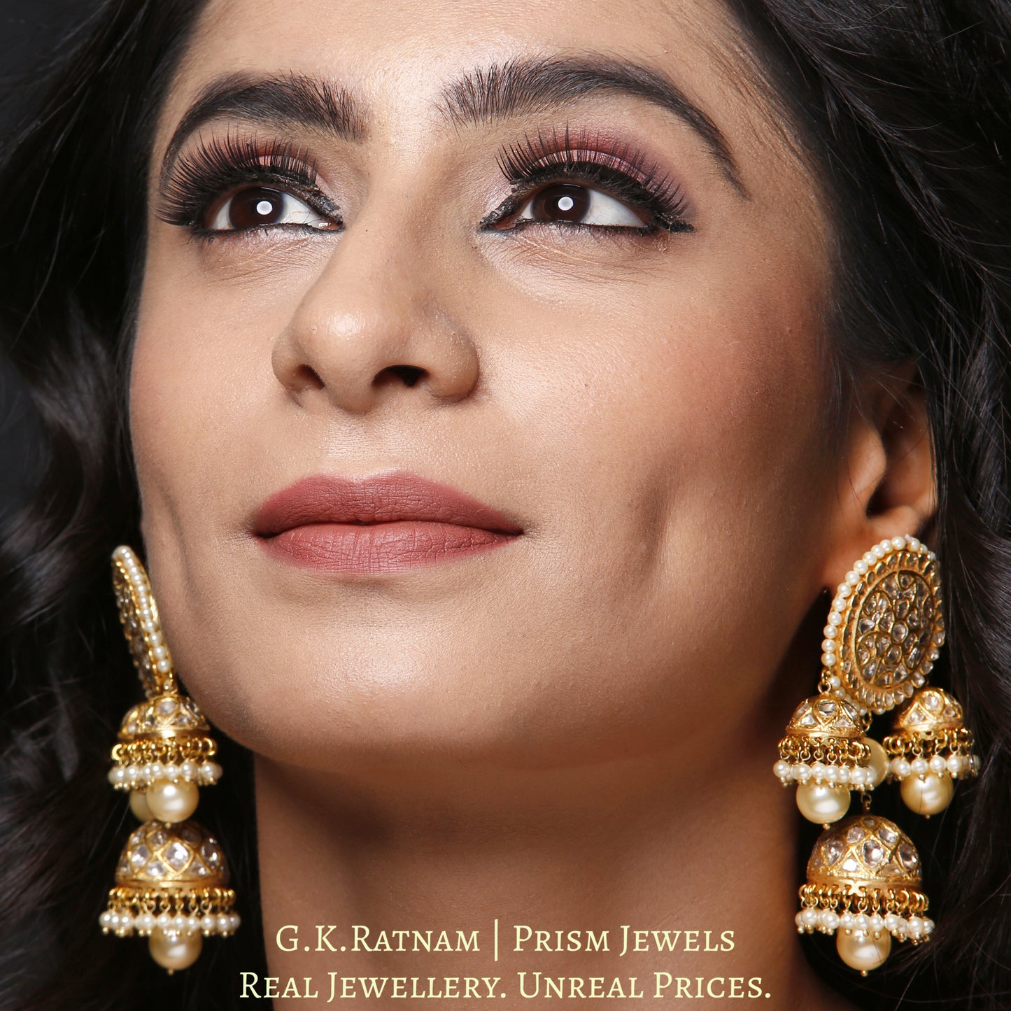 23k Gold and Diamond Polki pacchi Karanphool + 3 Jhumki Earring Pair with triple-coated shell pearls