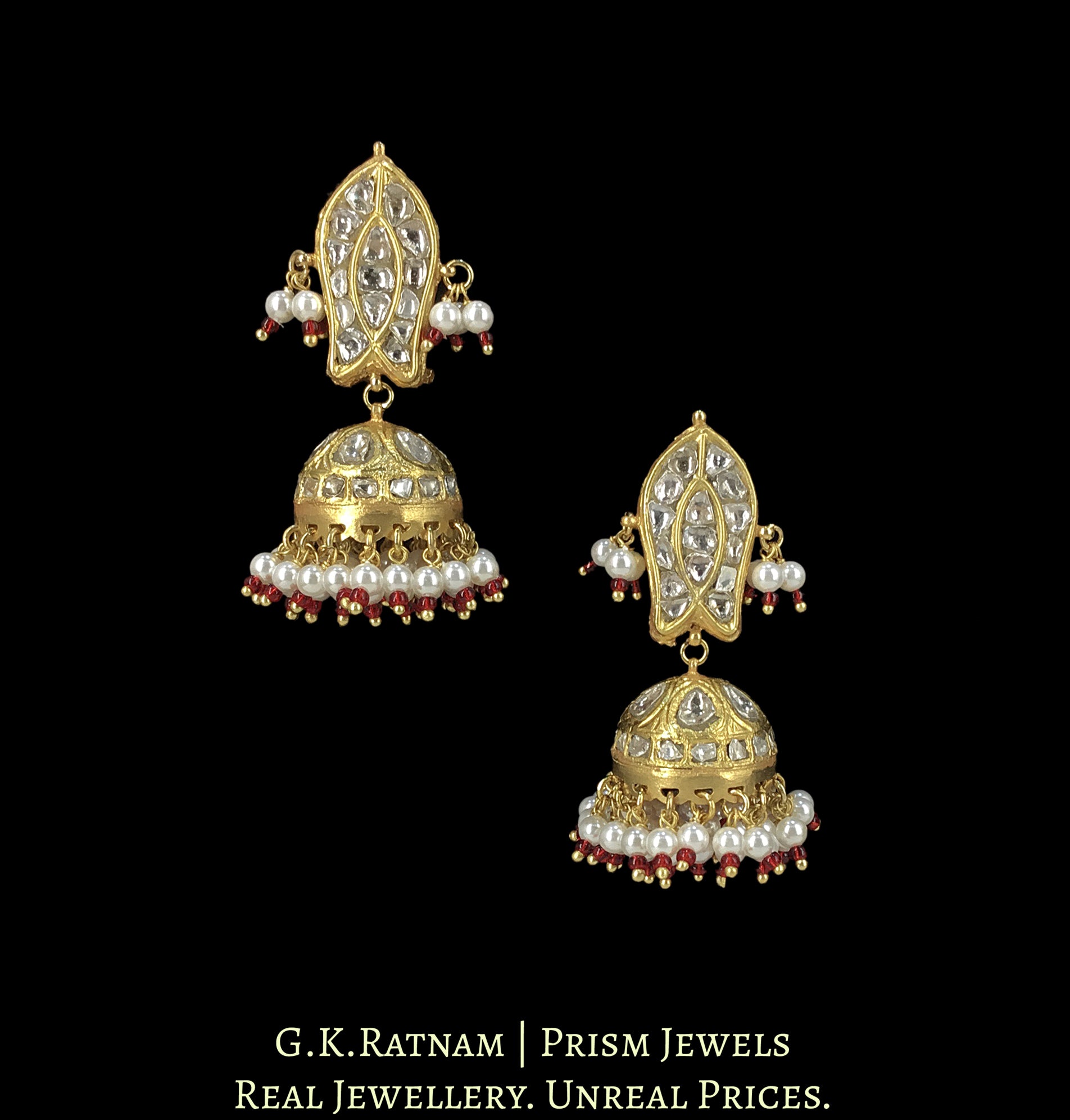 23k Gold and Diamond Polki Jhumki Earring Pair with Fish Motif Tops