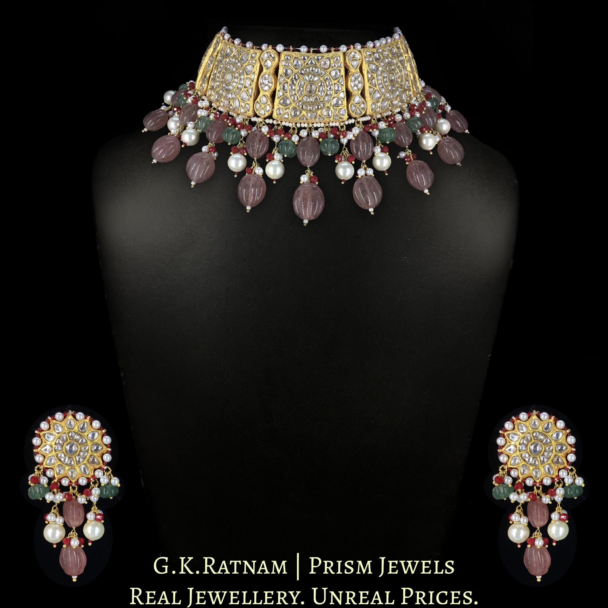23k Gold and Diamond Polki Choker Necklace Set enhanced with hand-carved Strawberry Quartz Melons and Pearls - G. K. Ratnam