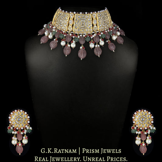 23k Gold and Diamond Polki Choker Necklace Set enhanced with hand-carved Strawberry Quartz Melons and Pearls - G. K. Ratnam