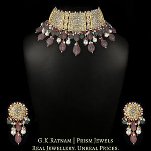 23k Gold and Diamond Polki Choker Necklace Set enhanced with hand-carved Strawberry Quartz Melons and Pearls