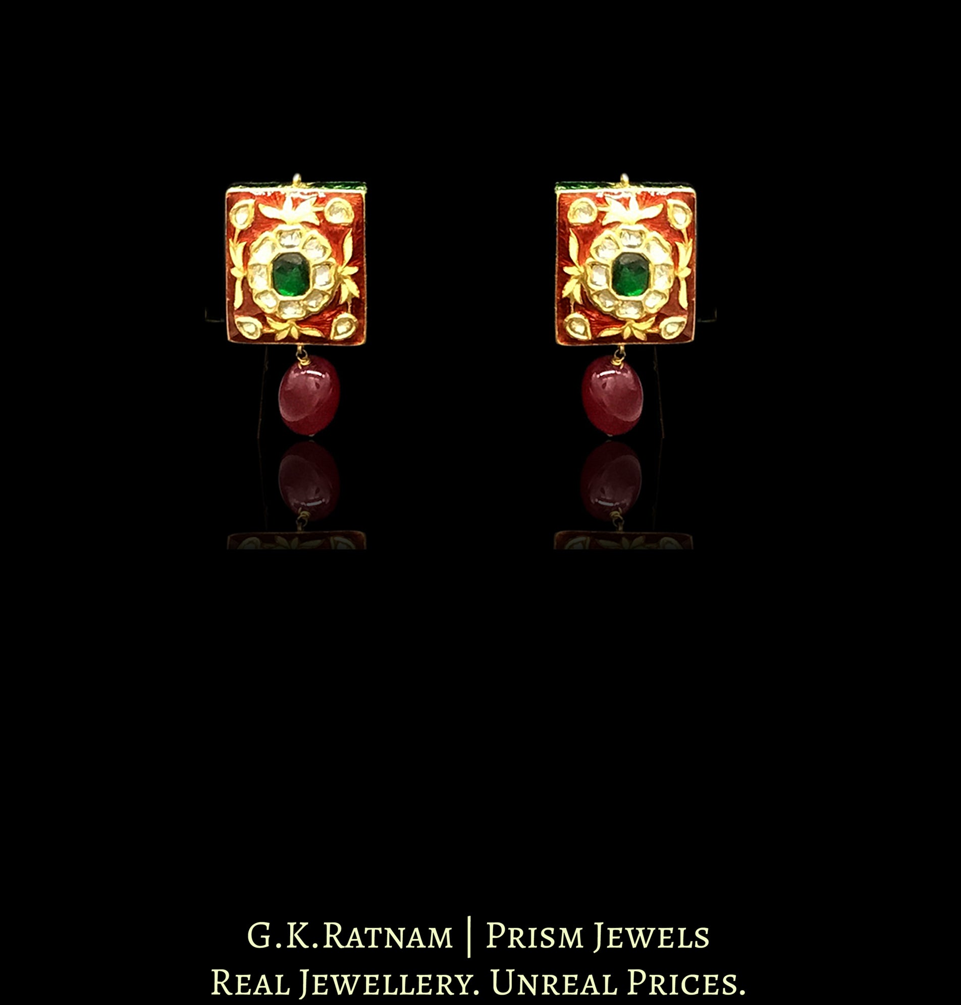 23k Gold and Diamond Polki square-shaped Pendant Set with bright red meenakari - G. K. Ratnam