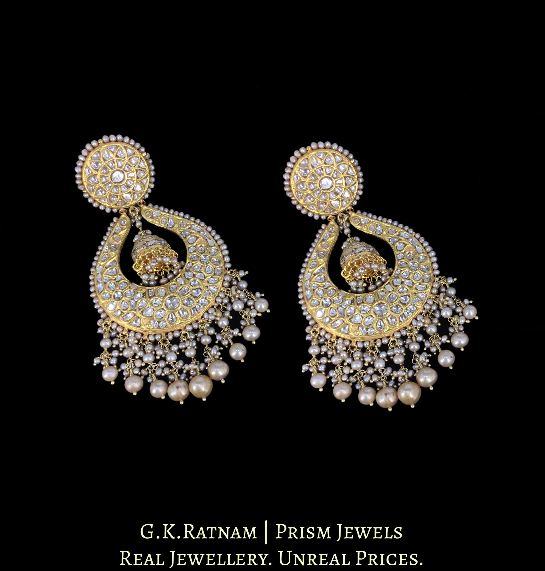 23k Gold and Diamond Polki Chand Bali Earring Pair with Small Jhumkis