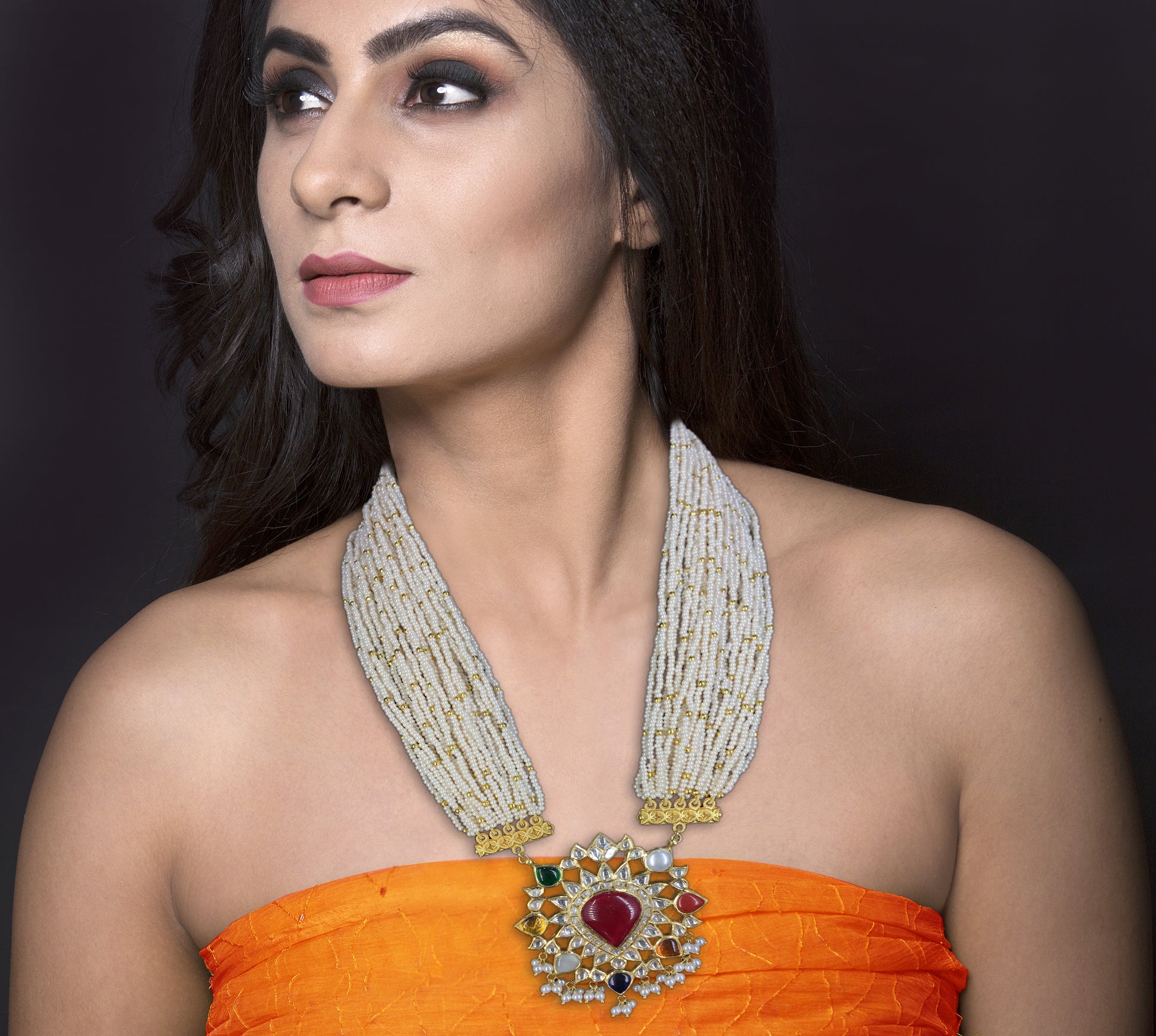 Traditional Gold and Diamond Polki Navratan Pendant Set With Chid Bunches - G. K. Ratnam