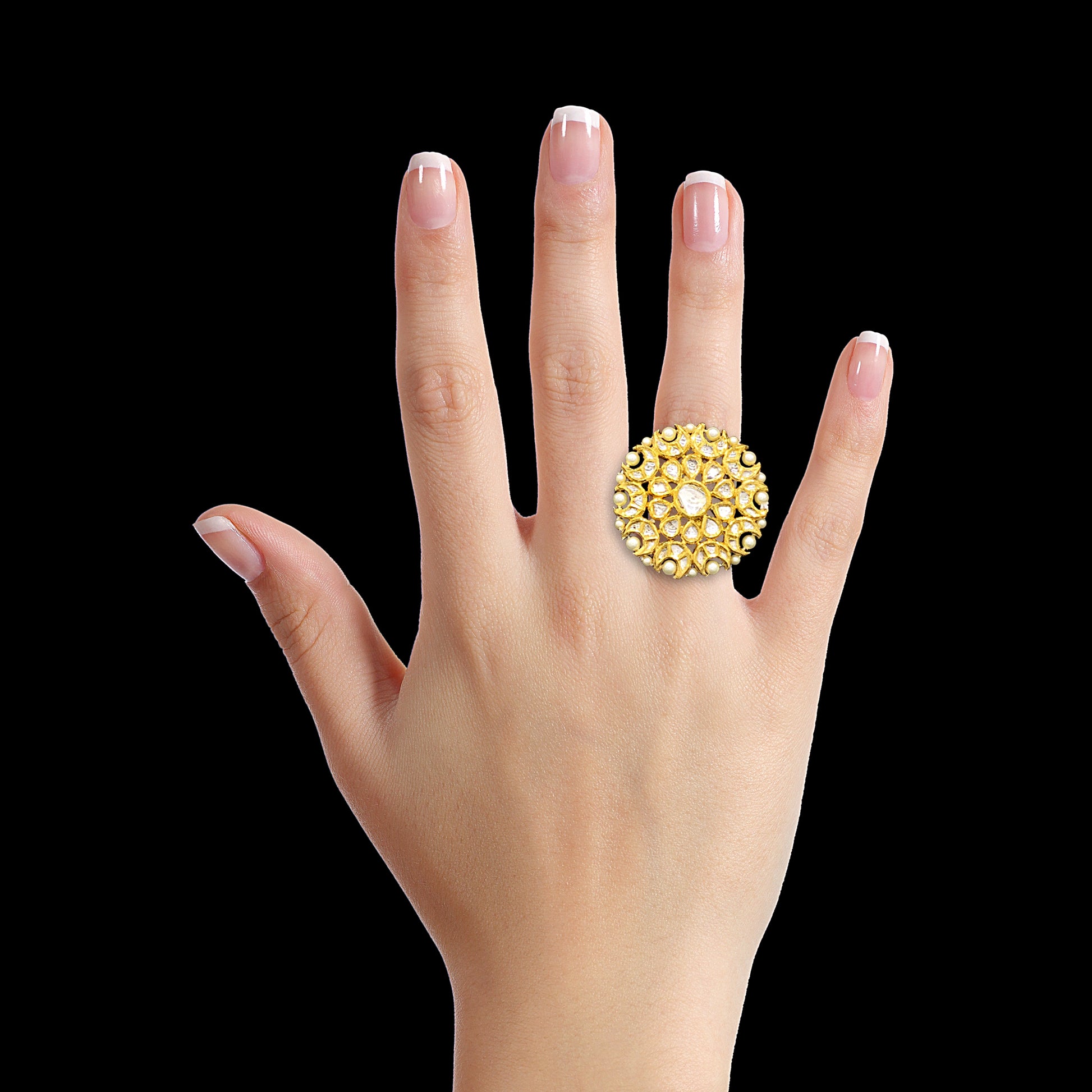 18k Gold and Diamond Polki Round Ring with Pearl Outlining - G. K. Ratnam