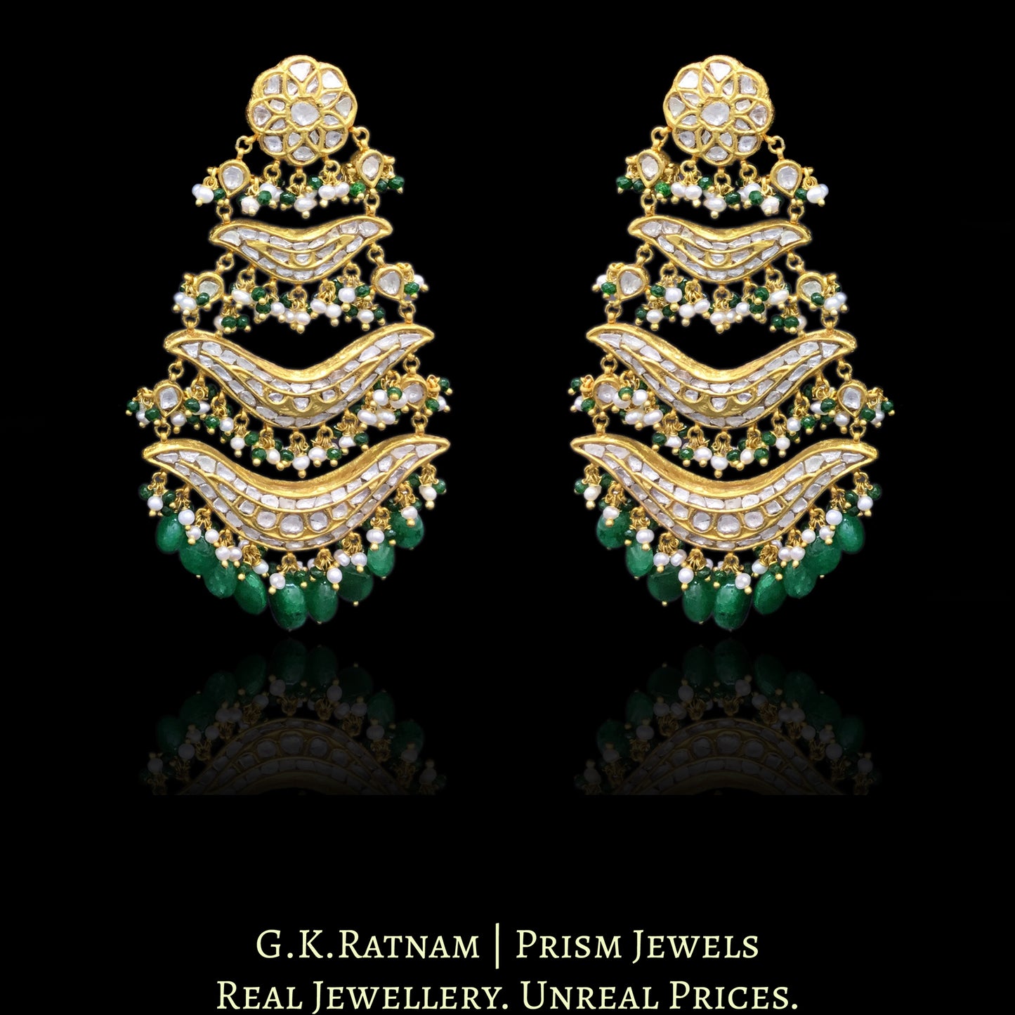 23k Gold and Diamond Polki pasa-style Chandelier Earring Pair - G. K. Ratnam