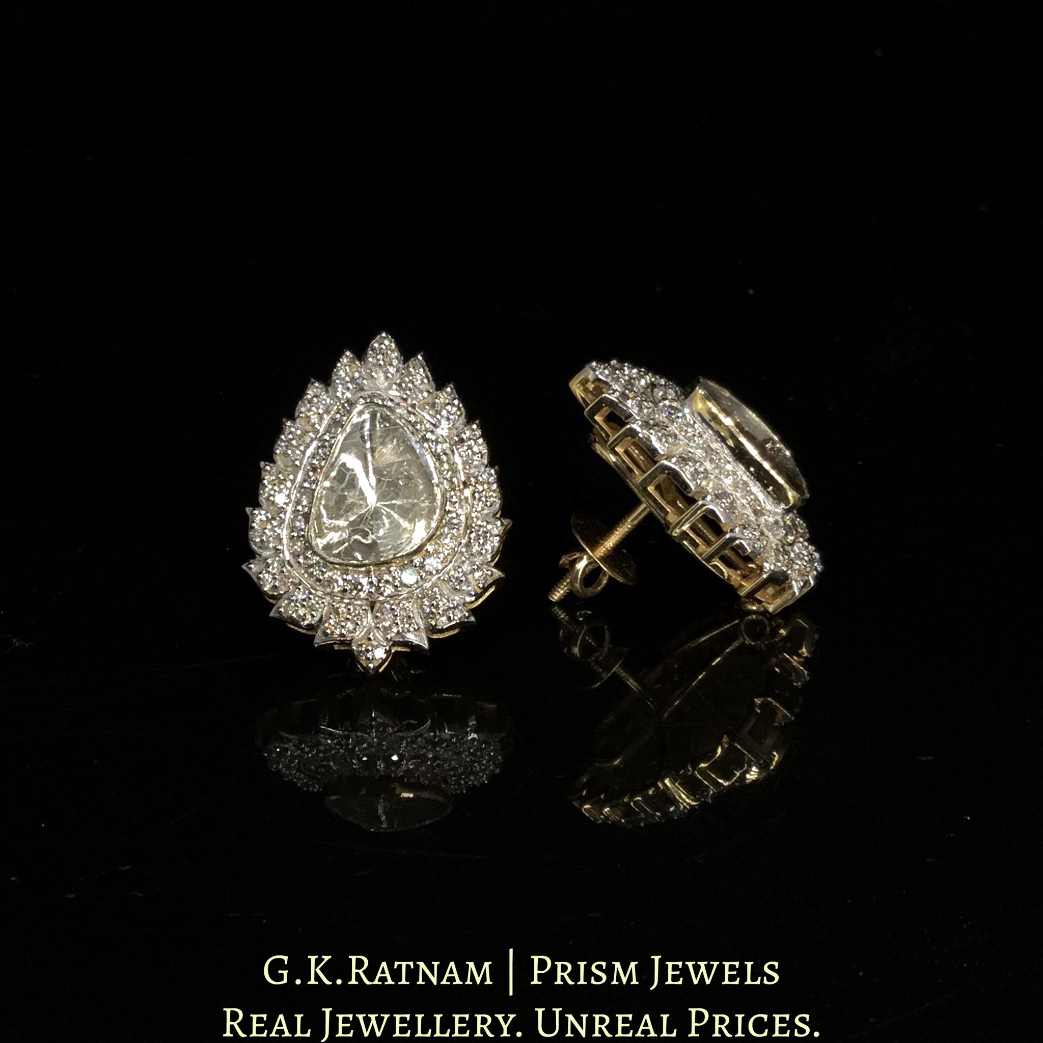 18k Gold and Diamond Polki Open Setting Tops / Studs Earring Pair with leafy diamond rim around large uncut diamonds