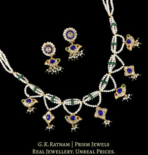 23K Gold and Diamond Polki Necklace Set with bird motifs strung in Natural Freshwater Pearls & Beryls