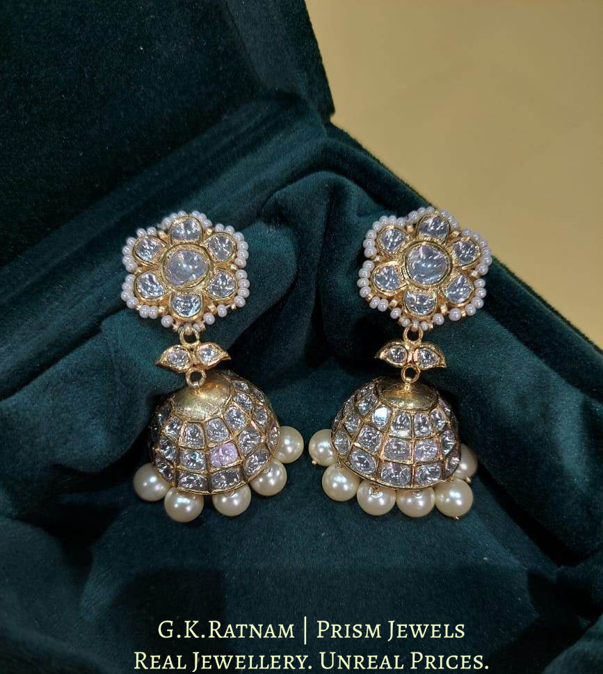18k Gold and Diamond Polki Jhumki Earring Pair with lustrous Pearls - G. K. Ratnam
