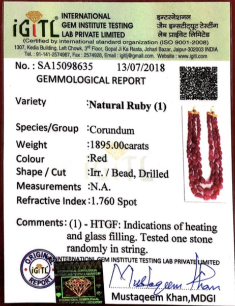 Natural (glass-filled) Ruby Tumbles 3 line Necklace - gold diamond polki kundan meena jadau jewellery