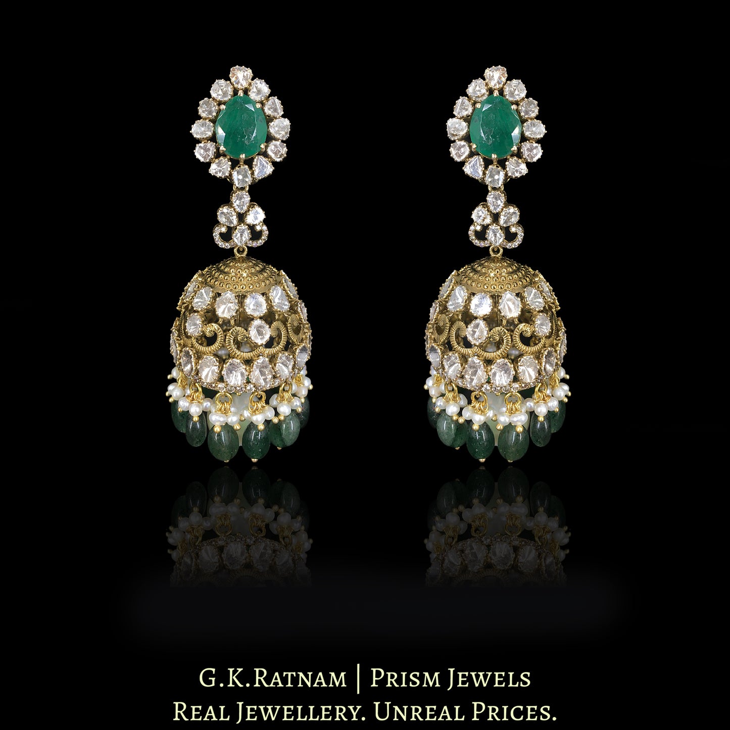 18k Gold and Diamond Polki Open Setting Jhumki Earring Pair with Strawberry Quartz and Pearls - G. K. Ratnam