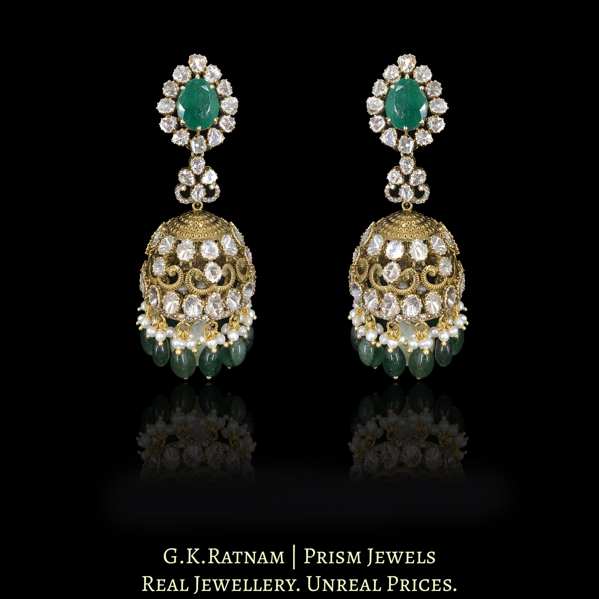 18k Gold and Diamond Polki Open Setting Jhumki Earring Pair with Strawberry Quartz and Pearls - G. K. Ratnam