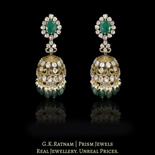 18k Gold and Diamond Polki Open Setting Jhumki Earring Pair with Strawberry Quartz and Pearls - G. K. Ratnam