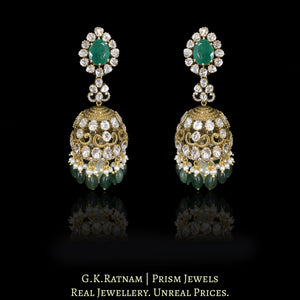18k Gold and Diamond Polki Open Setting Jhumki Earring Pair with Strawberry Quartz and Pearls