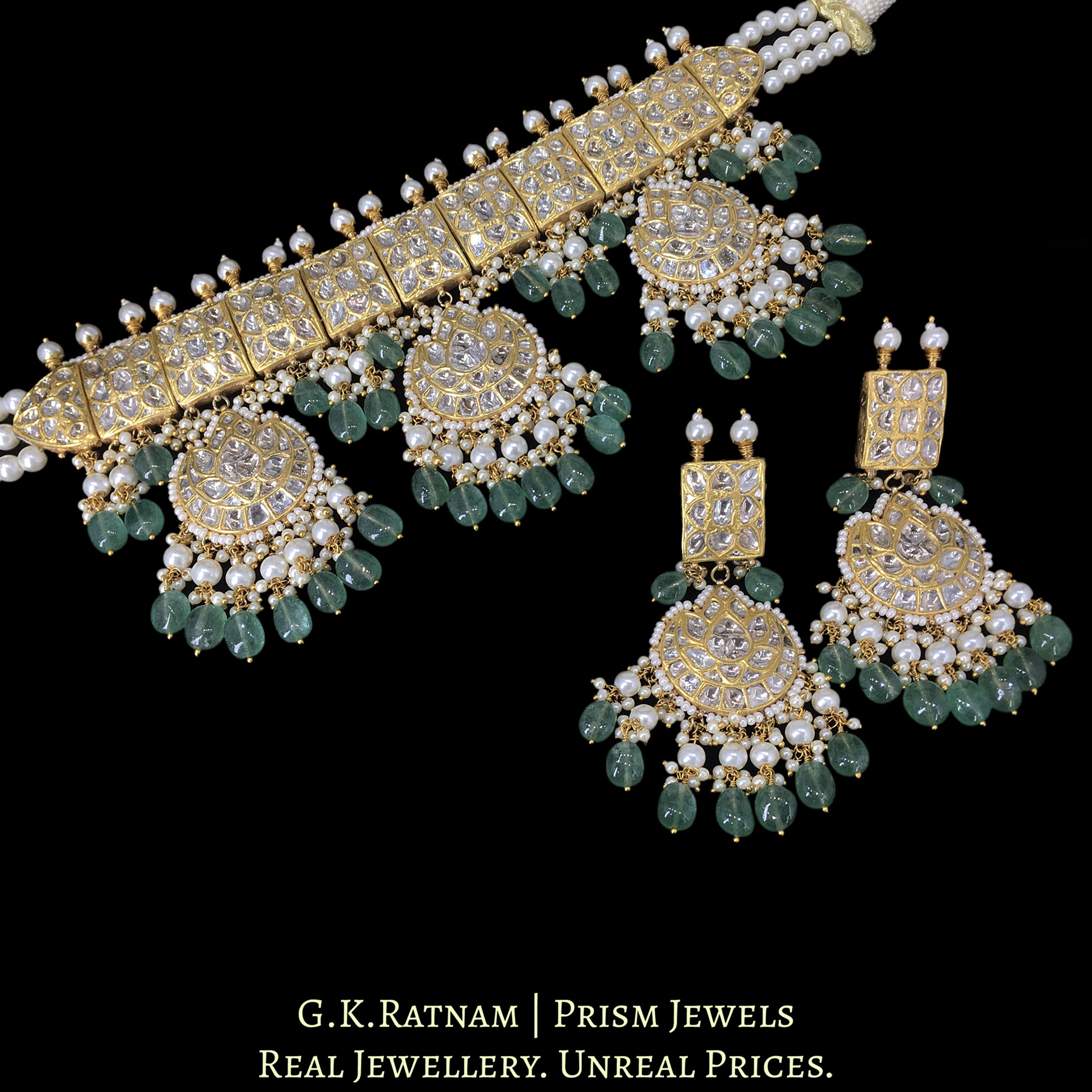 23k Gold and Diamond Polki Choker Necklace Set with Chand Hangings