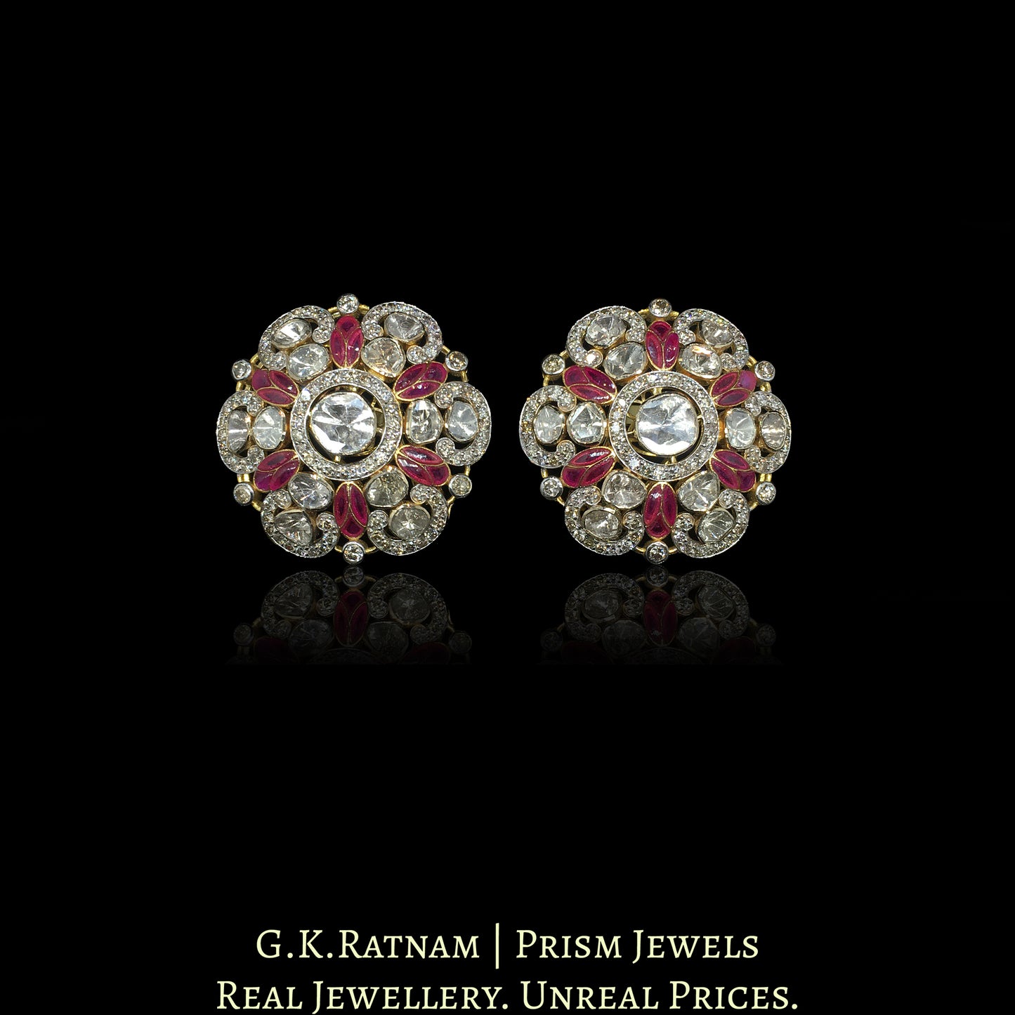14k Gold and Diamond Polki Open Setting Karanphool Earring Pair with Rubies