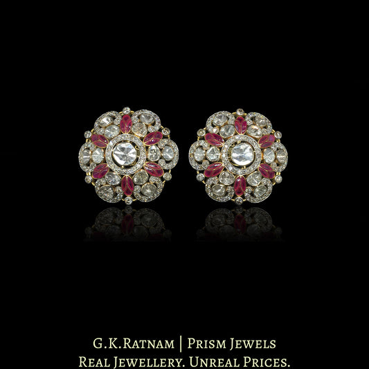14k Gold and Diamond Polki Open Setting Karanphool Earring Pair with Rubies