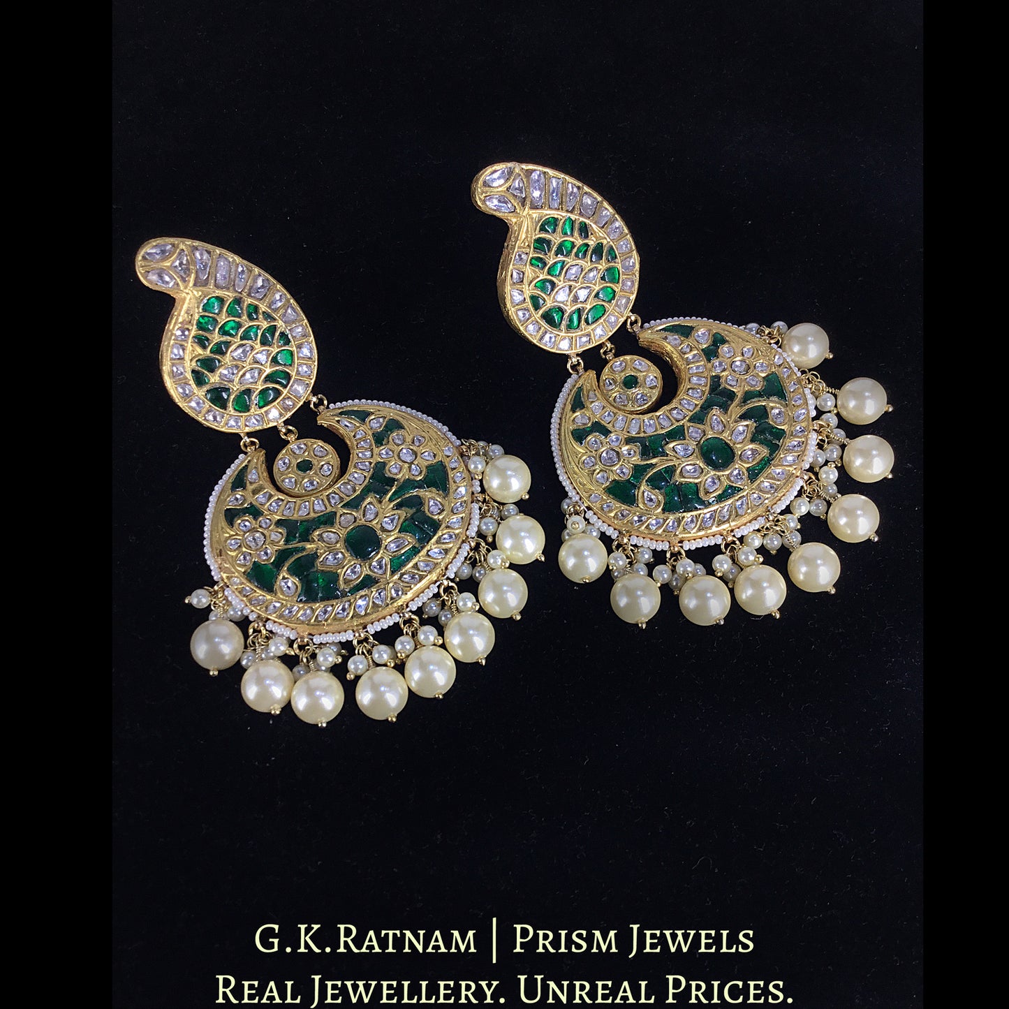 23k Gold and Diamond Polki Green Chand Bali Earrings with Pearls