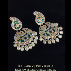 23k Gold and Diamond Polki Green Chand Bali Earrings with Pearls
