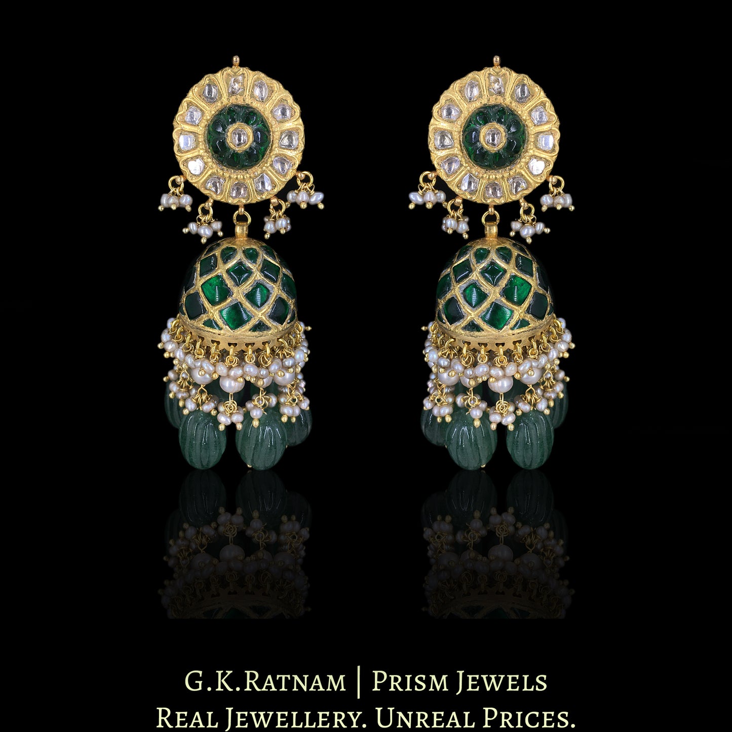 23k Gold and Diamond Polki Choker Necklace Set with basra-like Antiqued Pearls and hand-carved Melons