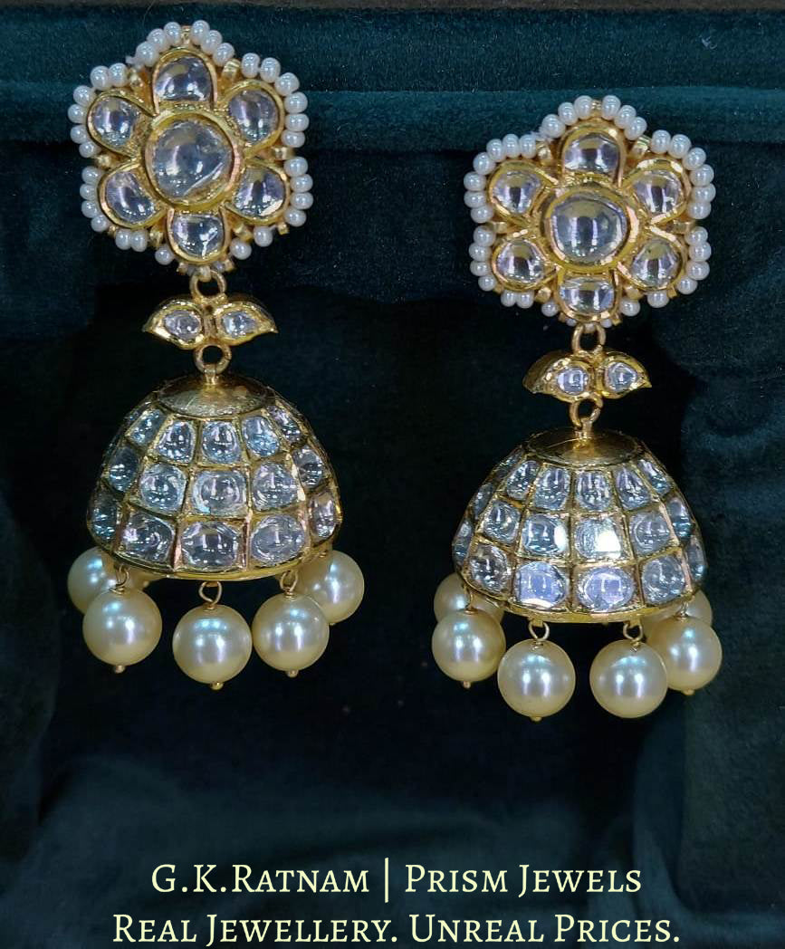 18k Gold and Diamond Polki Jhumki Earring Pair with lustrous Pearls - G. K. Ratnam