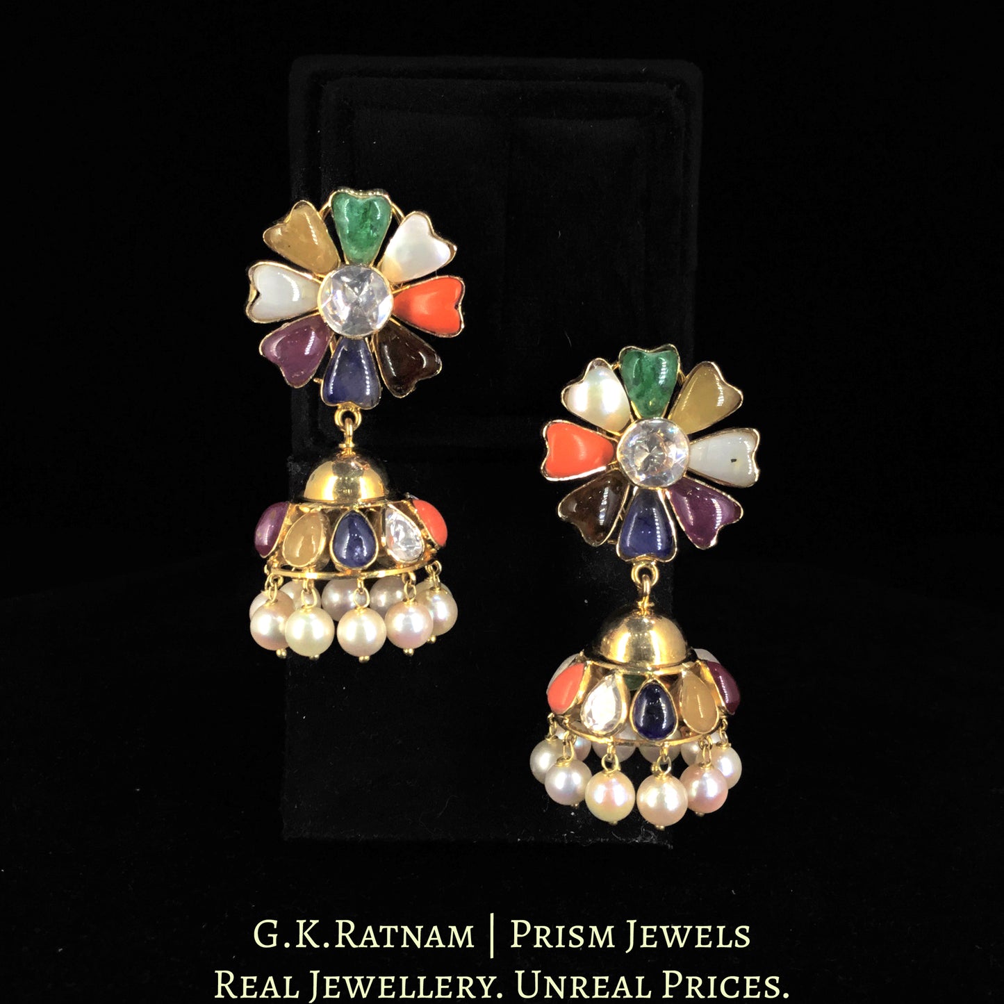 18k Gold and Diamond Polki Navratna Jhumki Earrings