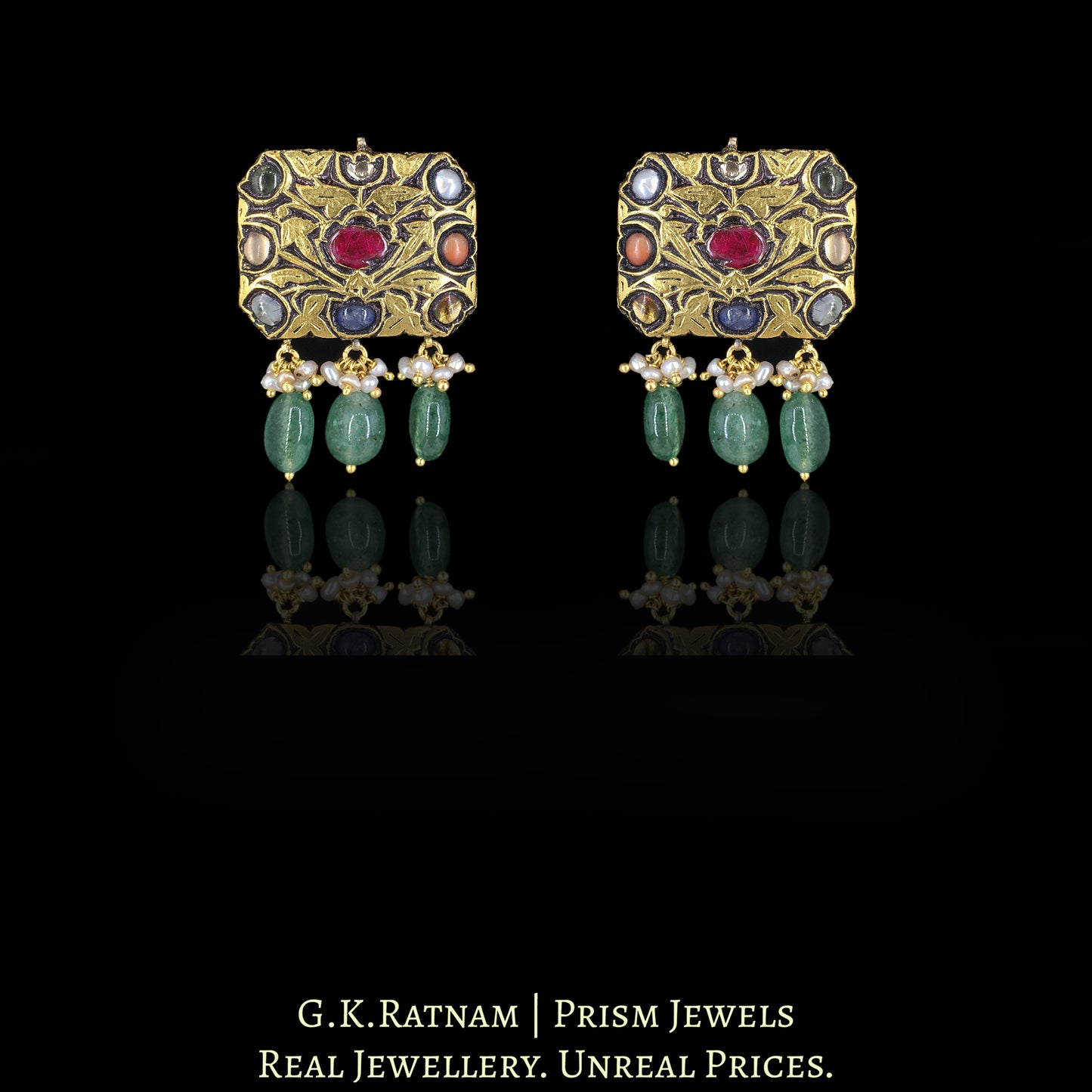 23k Gold and Diamond Polki Navratna Octagonal Pendant Set with Strawberry Quartz - G. K. Ratnam