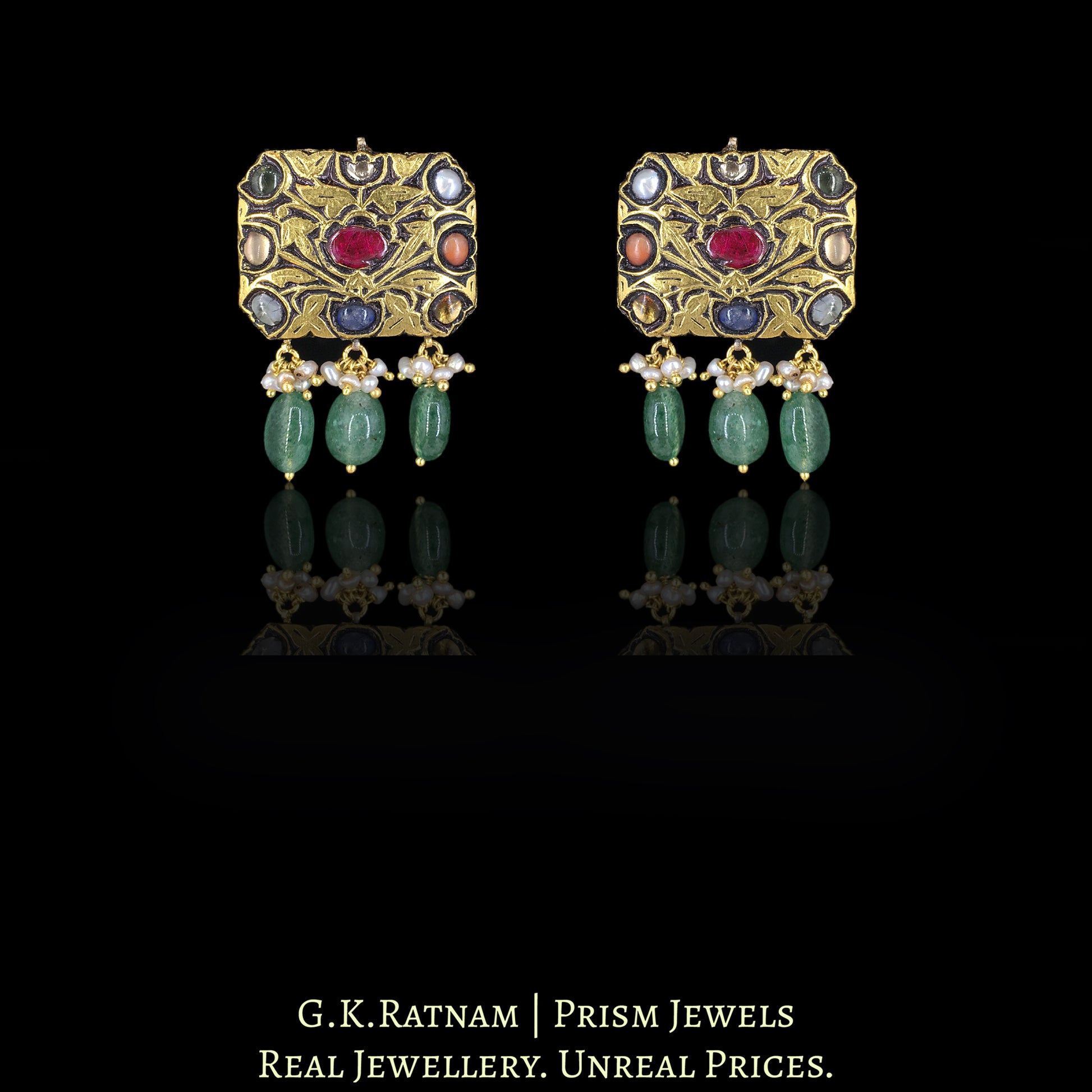 23k Gold and Diamond Polki Navratna Octagonal Pendant Set with Strawberry Quartz - G. K. Ratnam