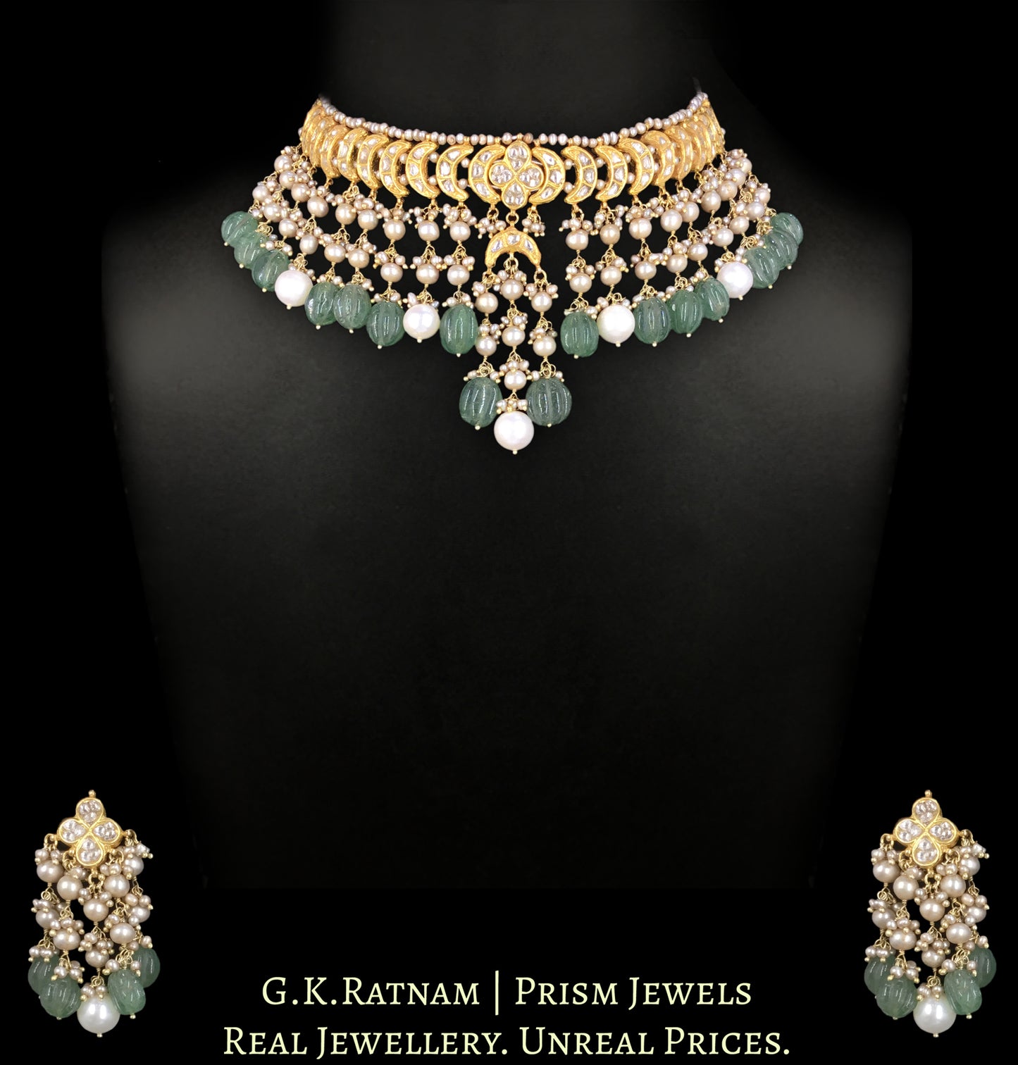 23k Gold and Diamond Polki Choker Necklace Set with Antiqued Freshwater Pearls and hand-carved Melons