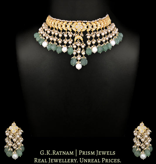 23k Gold and Diamond Polki Choker Necklace Set with Antiqued Freshwater Pearls and hand-carved Melons