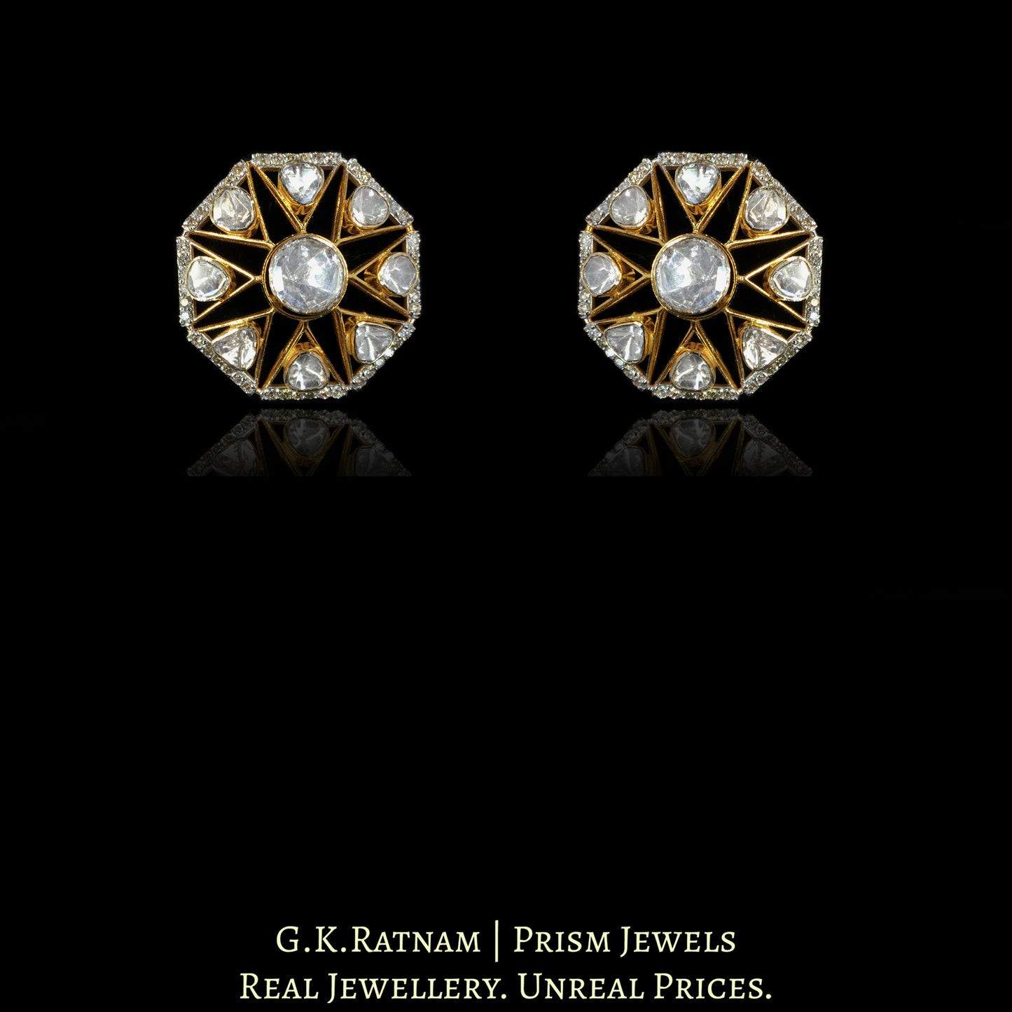 14k Gold and Diamond Polki Open Setting Octagonal Karnfool Earring Pair