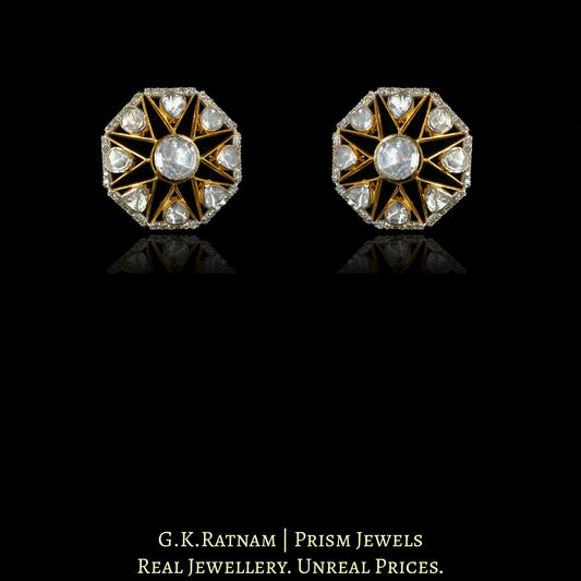 14k Gold and Diamond Polki Open Setting Octagonal Karnfool Earring Pair