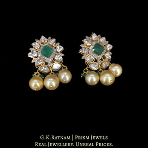 18k Gold and Diamond Polki Open Setting Karnfool Earring Pair with Natural Emeralds and South Sea Pearls